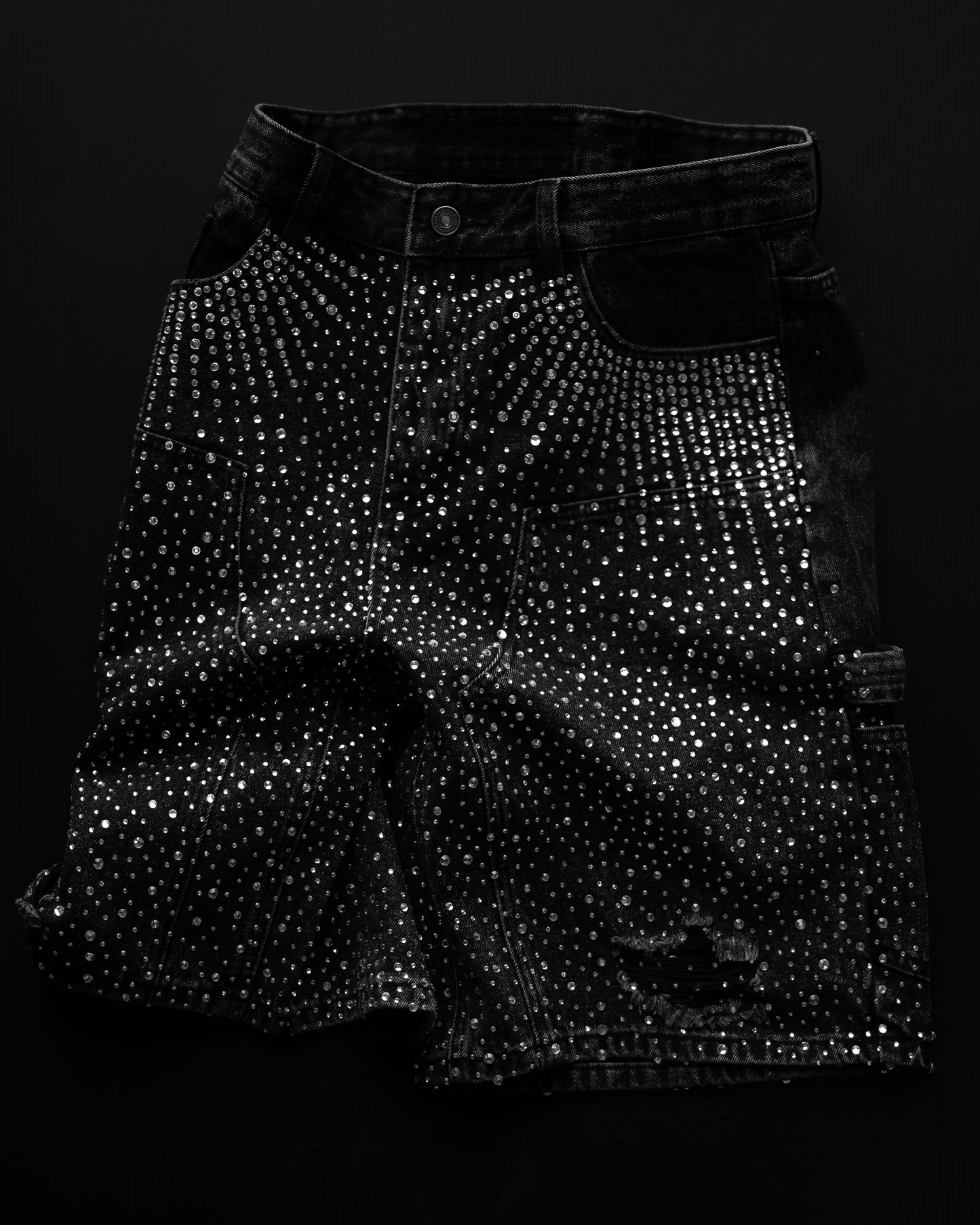 BLACK RHINESTONE DAMAGE DENIM SHORTS