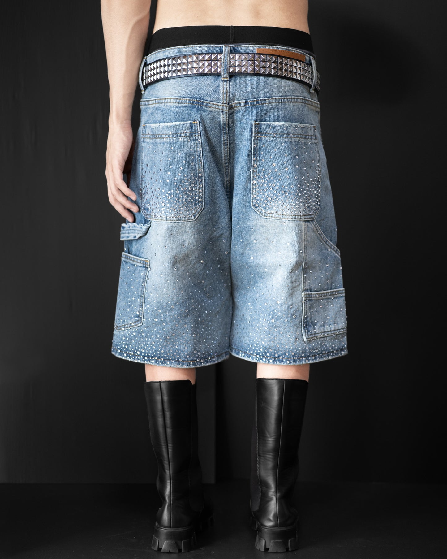 BLUE RHINESTONE DAMAGE DENIM SHORTS