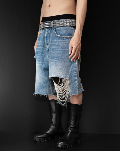 BLUE DAMAGE DENIM SHORTS