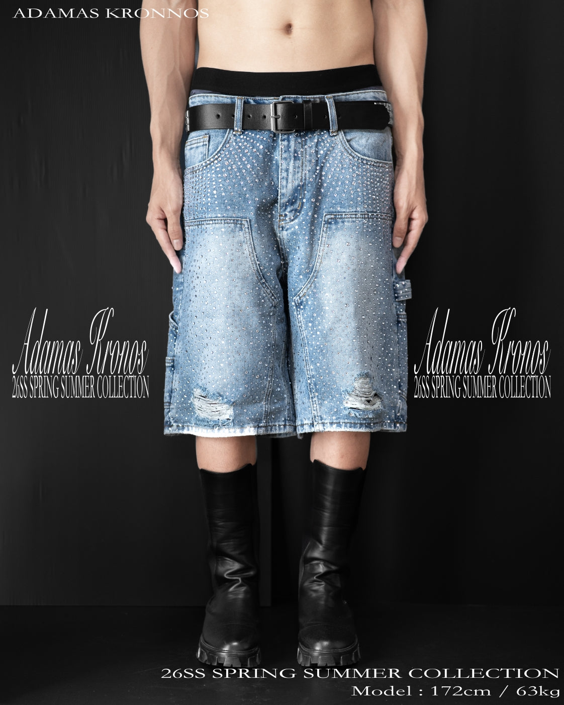 BLACK RHINESTONE DAMAGE DENIM SHORTS