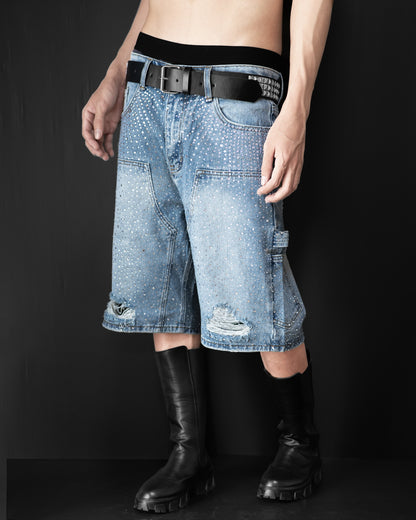 BLUE RHINESTONE DAMAGE DENIM SHORTS