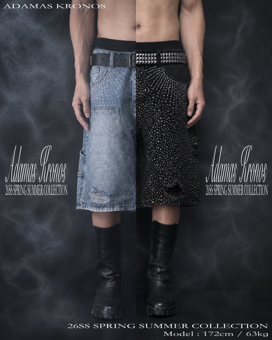 BLUE RHINESTONE DAMAGE DENIM SHORTS