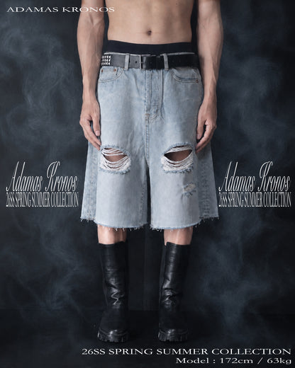 ICE BLUE DAMAGE DENIM SHORTS