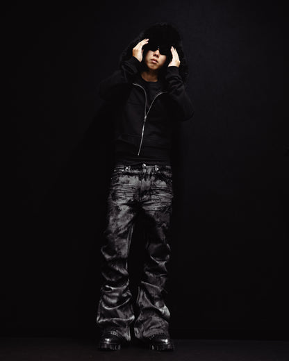 -SET- GLOSS BLACK FLARE PANTS & CROPPED FUR BLACK HOODIE