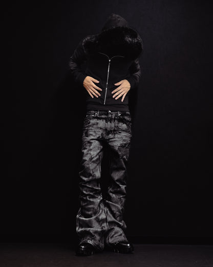 -SET- GLOSS BLACK FLARE PANTS & CROPPED FUR BLACK HOODIE