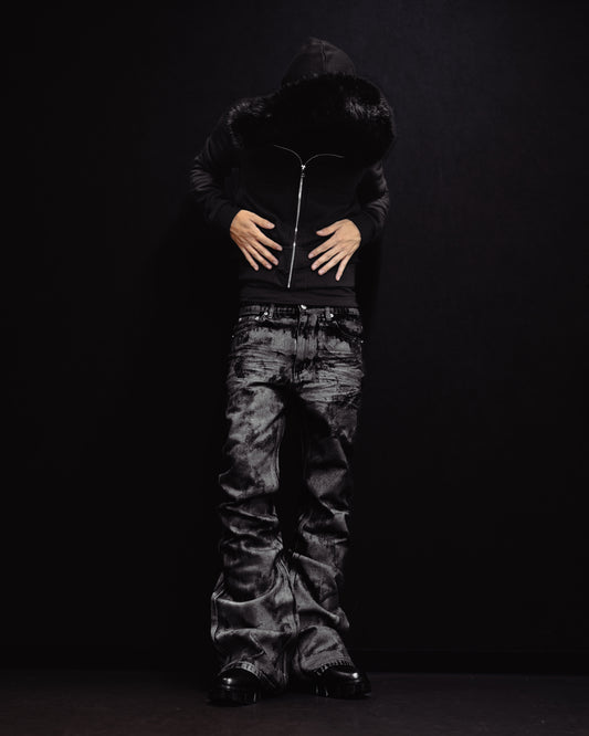 -SET- GLOSS BLACK FLARE PANTS & CROPPED FUR BLACK HOODIE