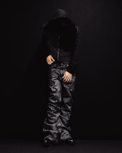 -SET- GLOSS BLACK FLARE PANTS & CROPPED FUR BLACK HOODIE