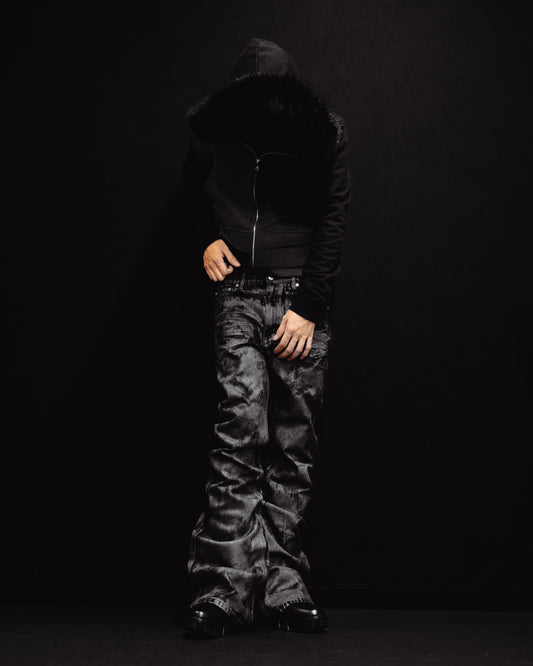 -SET- GLOSS BLACK FLARE PANTS & CROPPED FUR BLACK HOODIE