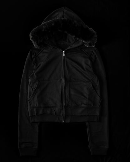-SET- GLOSS BLACK FLARE PANTS & CROPPED FUR BLACK HOODIE