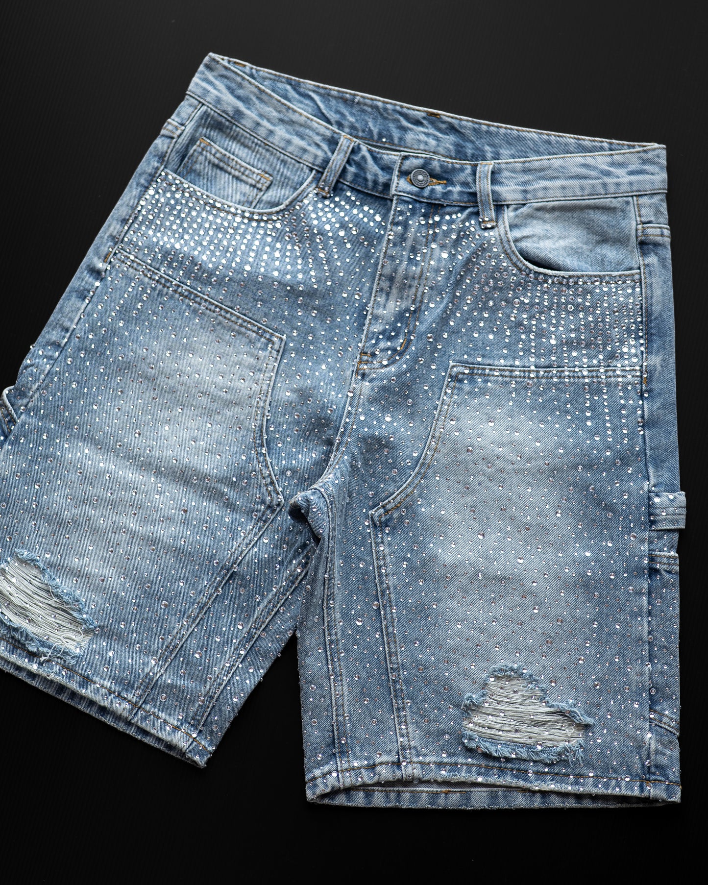 BLACK RHINESTONE DAMAGE DENIM SHORTS