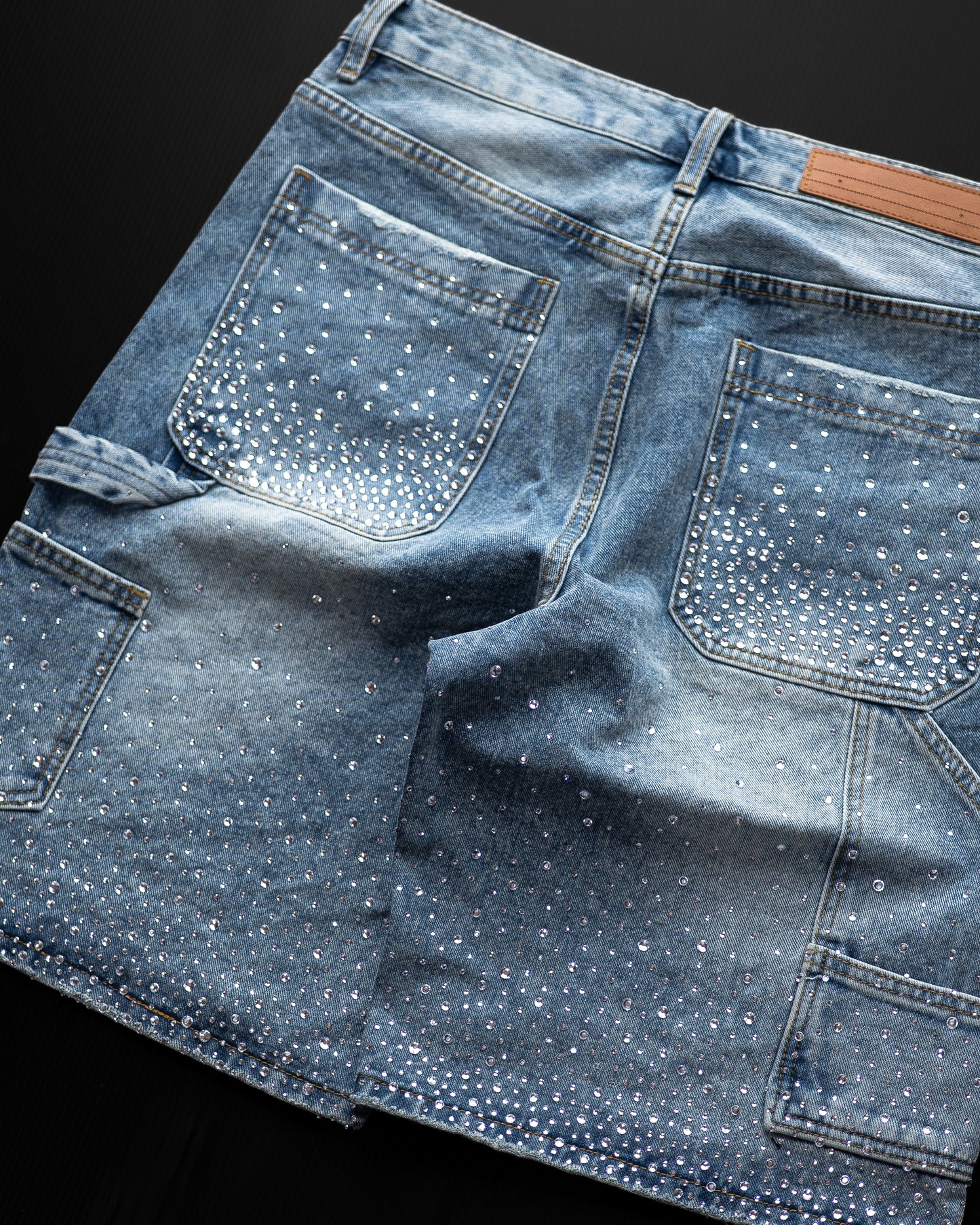 BLUE RHINESTONE DAMAGE DENIM SHORTS