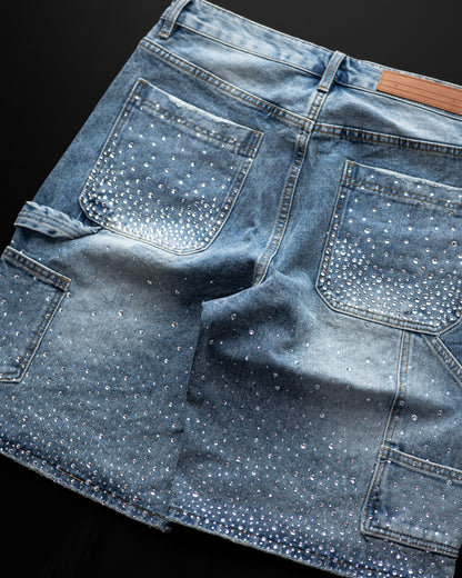BLUE RHINESTONE DAMAGE DENIM SHORTS