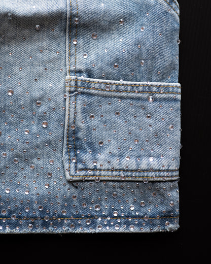 BLUE RHINESTONE DAMAGE DENIM SHORTS