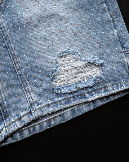 BLUE RHINESTONE DAMAGE DENIM SHORTS