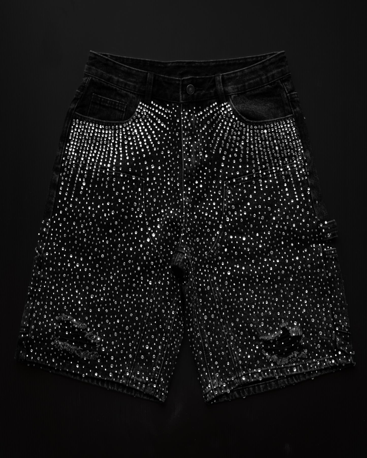 BLACK RHINESTONE DAMAGE DENIM SHORTS