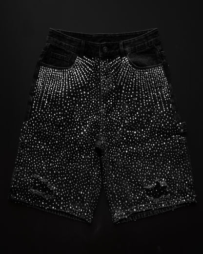 BLACK RHINESTONE DAMAGE DENIM SHORTS