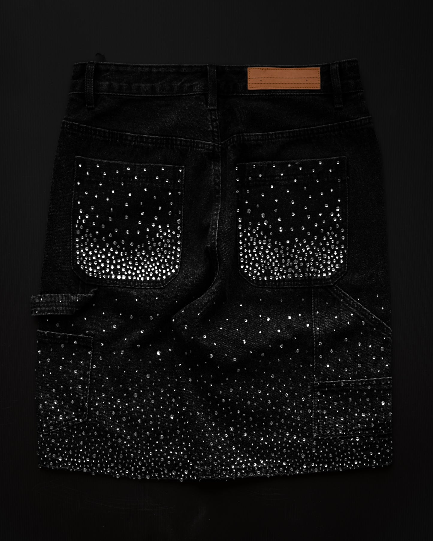 BLACK RHINESTONE DAMAGE DENIM SHORTS