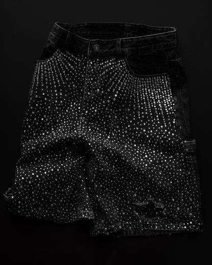 BLACK RHINESTONE DAMAGE DENIM SHORTS