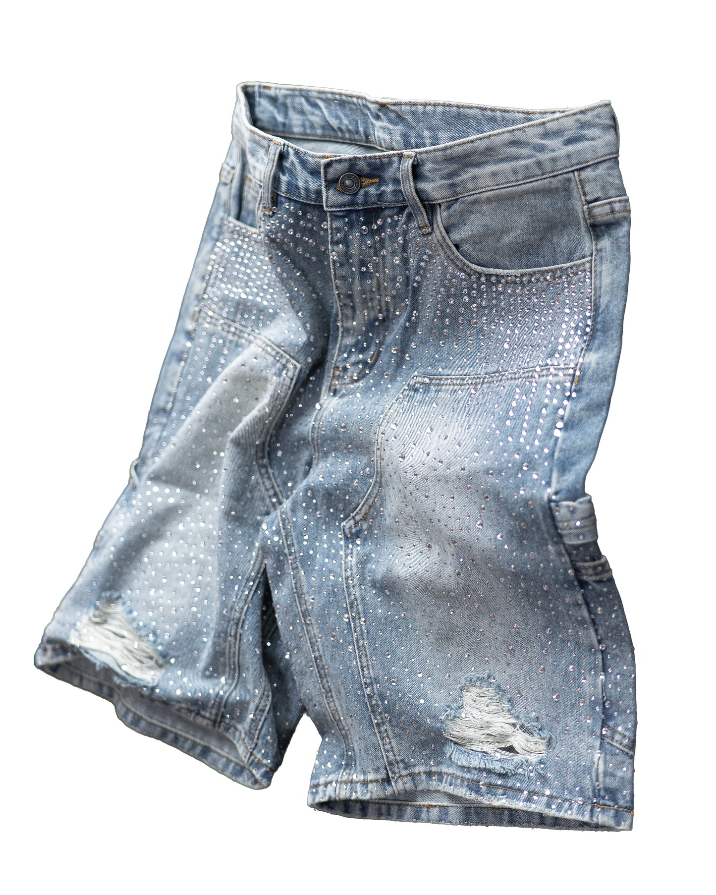 BLACK RHINESTONE DAMAGE DENIM SHORTS