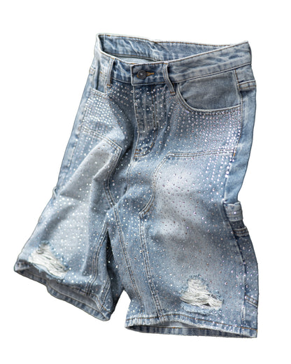 BLACK RHINESTONE DAMAGE DENIM SHORTS