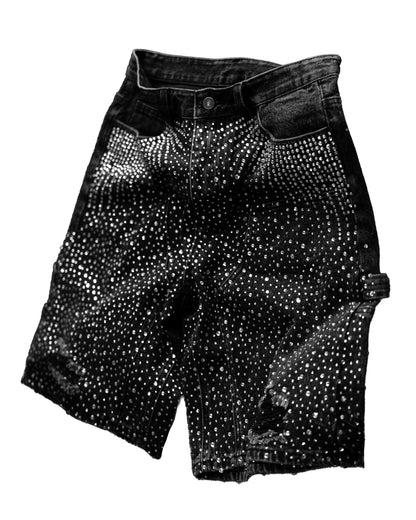 BLACK RHINESTONE DAMAGE DENIM SHORTS