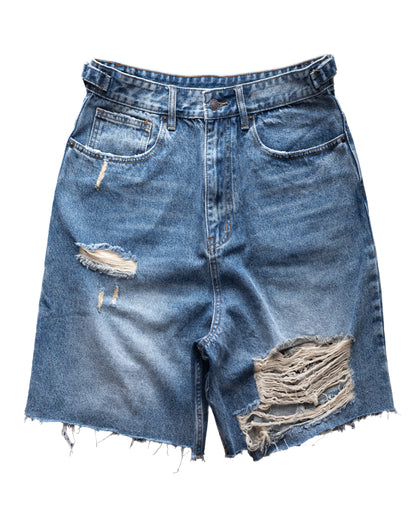 BLUE DAMAGE DENIM SHORTS