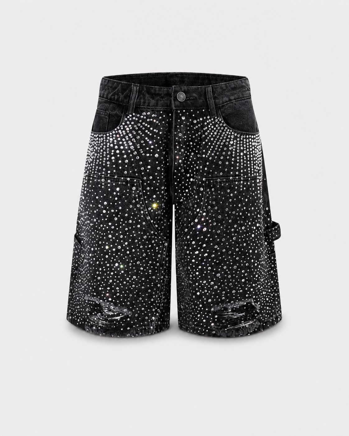 BLACK RHINESTONE DAMAGE DENIM SHORTS