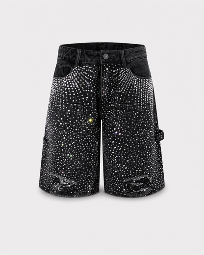 BLACK RHINESTONE DAMAGE DENIM SHORTS