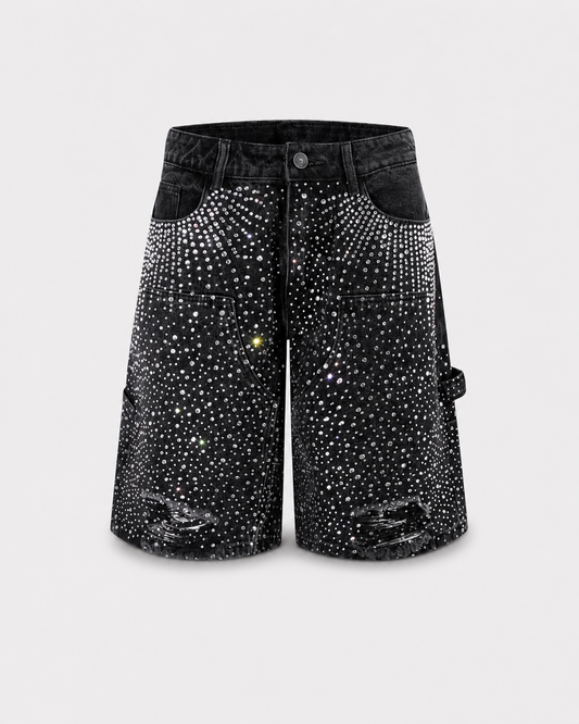 BLACK RHINESTONE DAMAGE DENIM SHORTS