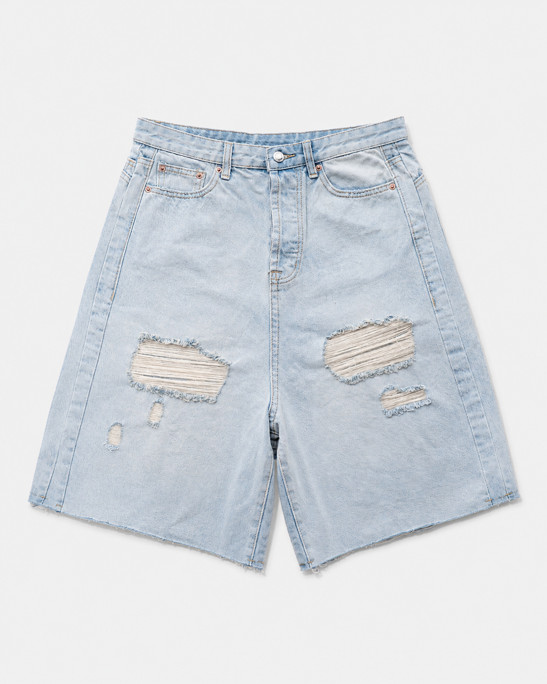 ICE BLUE DAMAGE DENIM SHORTS