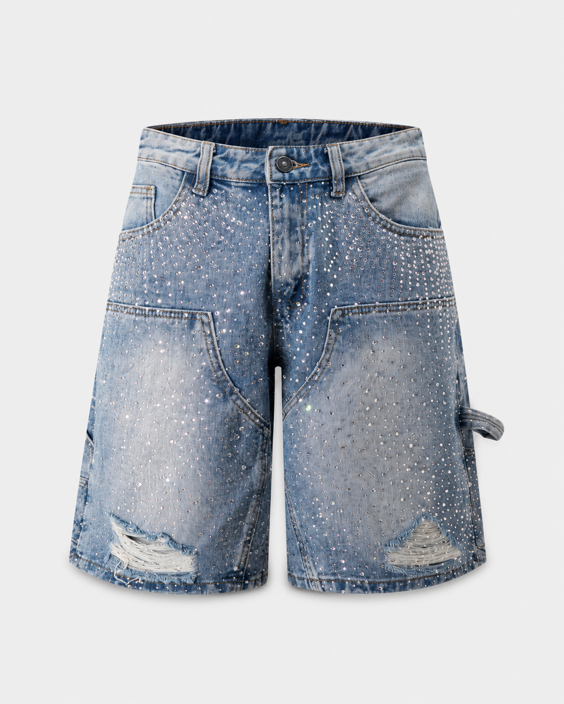 BLUE RHINESTONE DAMAGE DENIM SHORTS