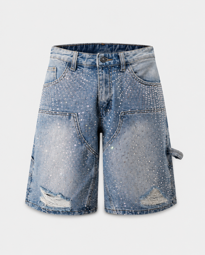 BLUE RHINESTONE DAMAGE DENIM SHORTS