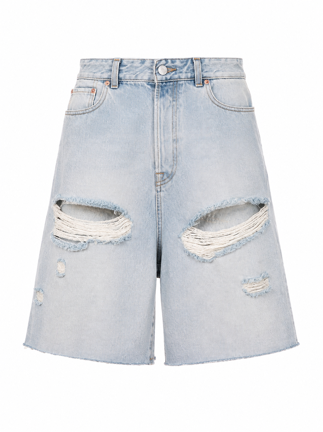 ICE BLUE DAMAGE DENIM SHORTS